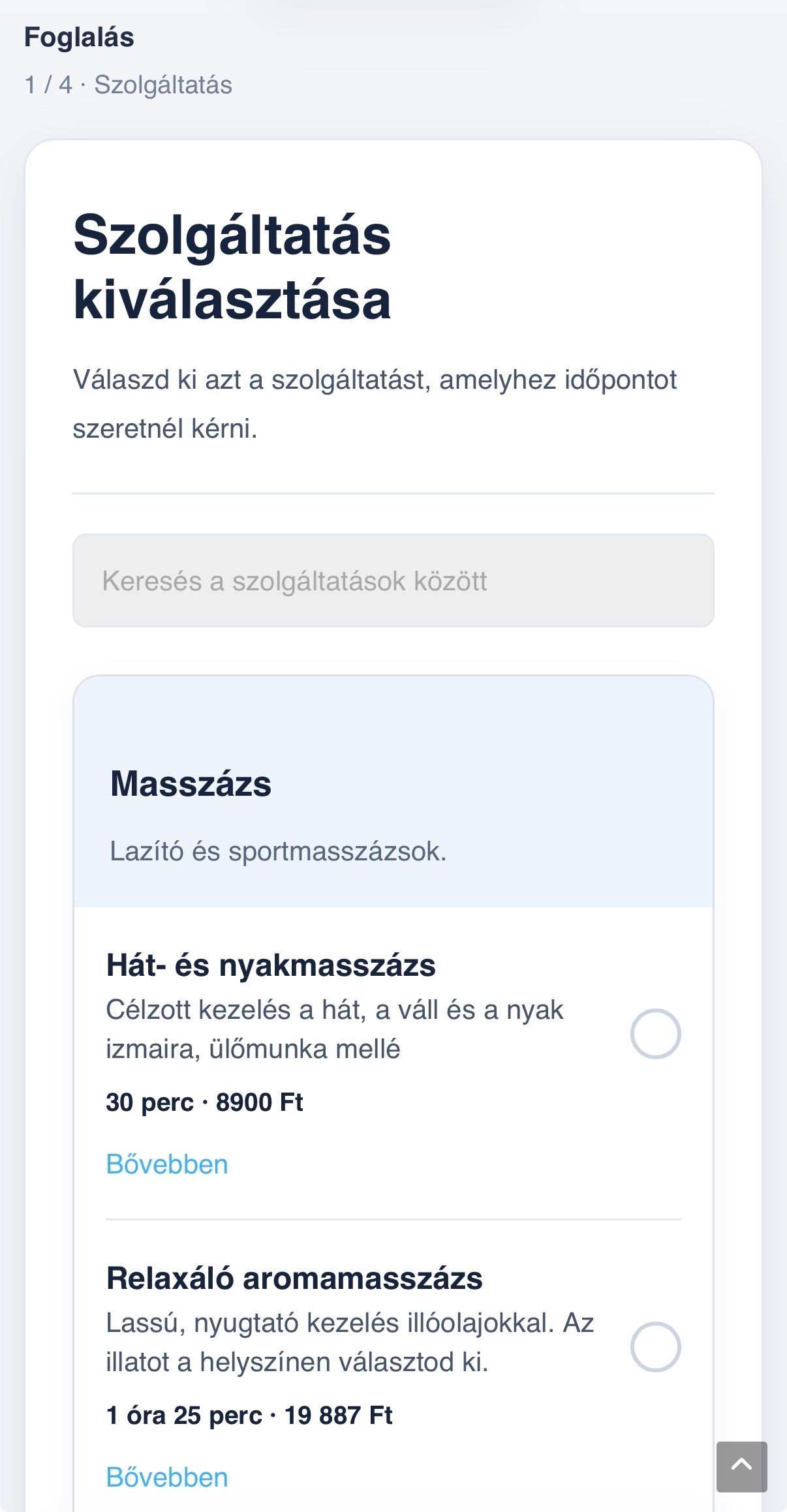Szolgáltatáslista mobilnézetben a foglalóoldalon.