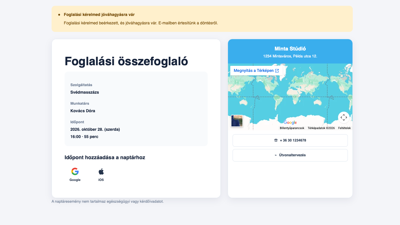 A foglalóoldal visszajelzése: a foglalási kérelem beérkezett.